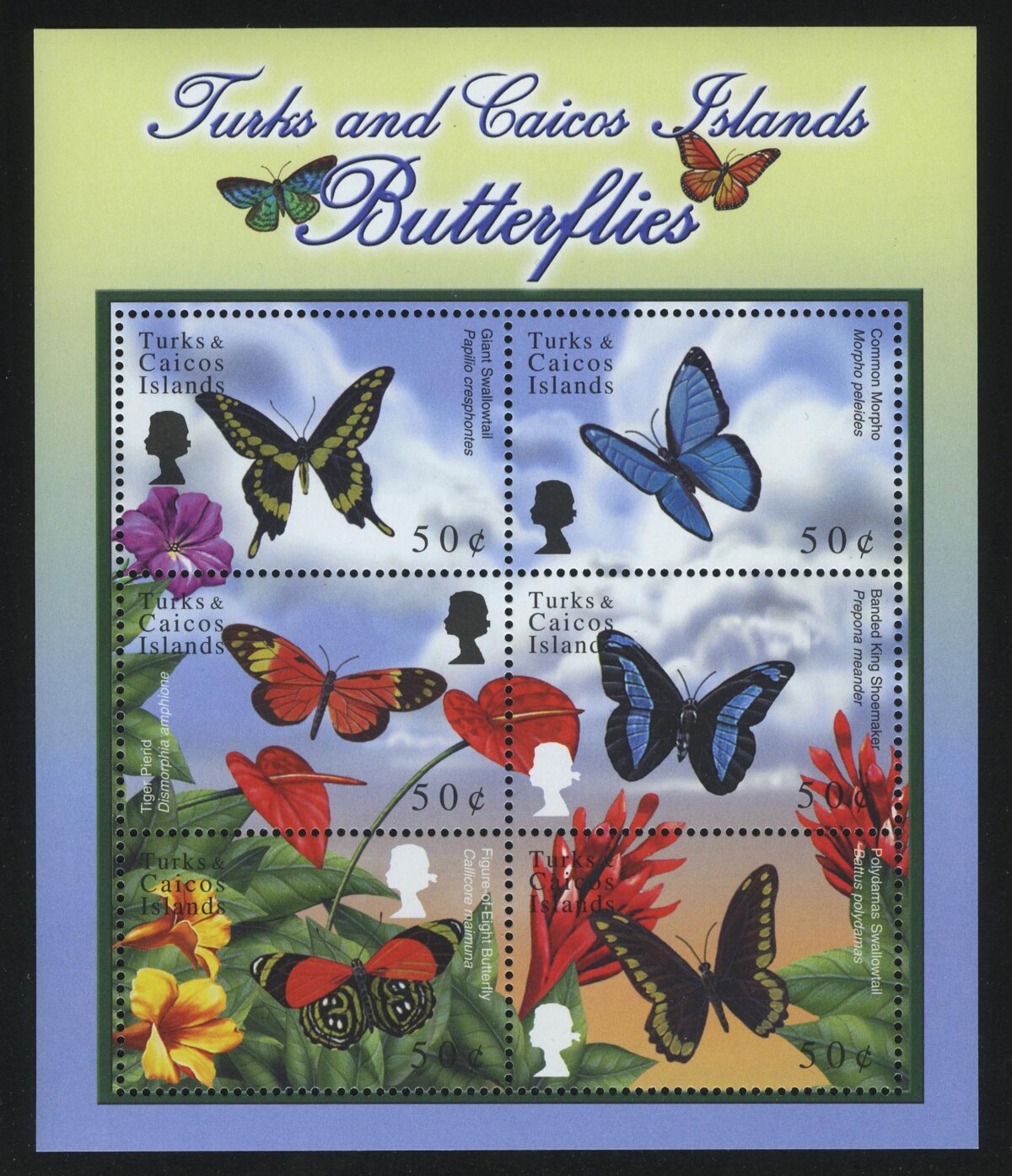 2000. Теркс и Кайкос. Лист "Карибские бабочки"