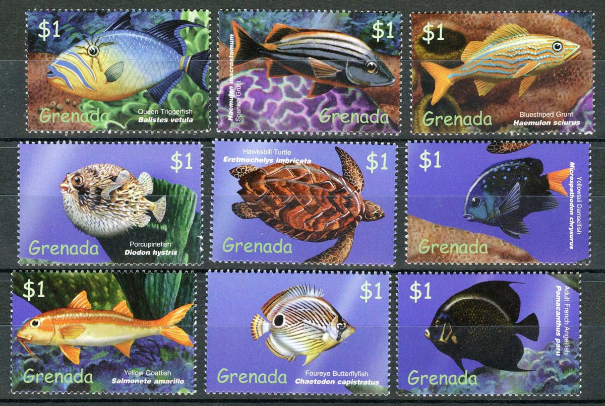 2000. Гренада / Grenada. Набор "Рыбы, пресмыкающиеся". 9 шт. * [imp-11617] 1