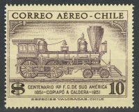 1954. Чили. Серия "100 лет чилийским железным дорогам. Airmail - Locomotive "Tiger", 1/2, ** [imp-13742]