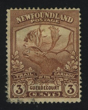 1919. Ньюфаундленд. Голова карибу с надп. TRAIL OF THE CARIBOU GUEUDECOURT”. 3 ¢