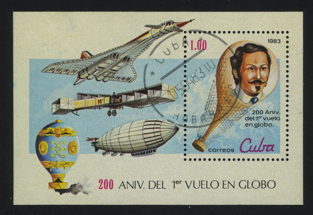 1983. Куба. 200 лет аэронавтики. 1-й кубинский воздухоплаватель Дж. Д. Блино и его воздушный шар, 1831 г.