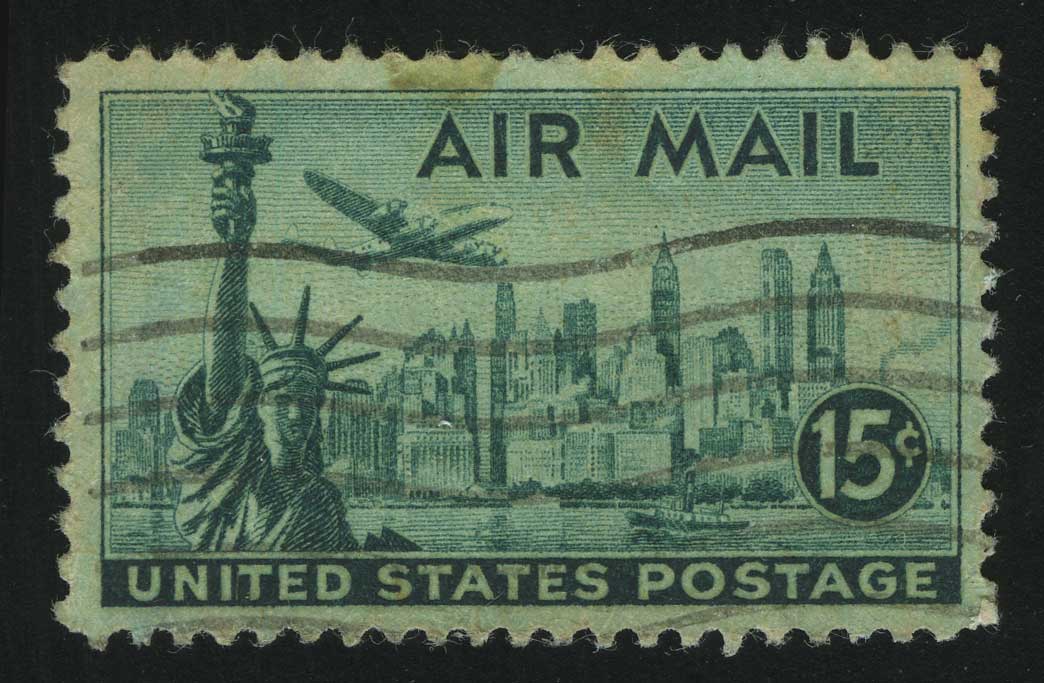 1947. США. Авиапочта. Статуя Свободы, панорама Нью-Йорка и созвездие Локхид. 15 ¢