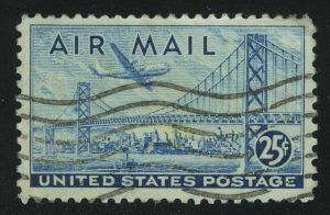 1947. США. Авиапочта. Мост через залив Сан-Франциско-Окленд и Boeing B377 Stratocruiser. 25 ¢