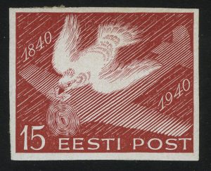 1940. Эстония. Столетие первых клейких почтовых марок. Почтовый голубь и самолёт