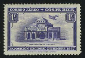 1937. Коста-Рика. Авиапочта. Национальная экспозиция Сан-Хосе. Здание Национального банка