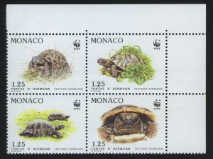 1991. Монако. Квартблок "Дикая природа мира: греческая черепаха. Черепаха Германа (Testudo hermanni)"