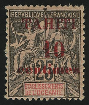1903. Таити. Почтовые марки Французской Океании с доплатой и надпечаткой "ТАИТИ". 10/25C