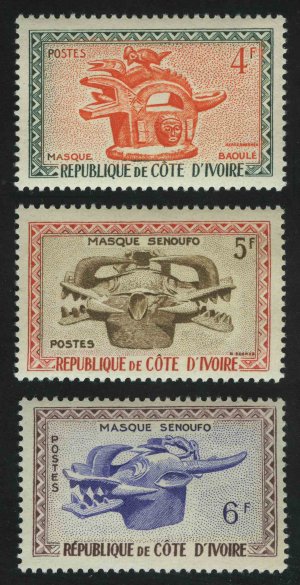 1960. Кот-д’Ивуар. Маски: Baule, Senoufo, Senoufo