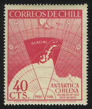 1957. Чили. Оккупация территории Антарктики. Карта, показывающая претензии Чили на территорию Антарктики