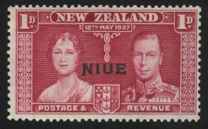1937. Ниуэ. Коронация. Король Георг VI и королева Елизавета. Надпечатка “NIUE” на марке Новой Зеландии, 1P