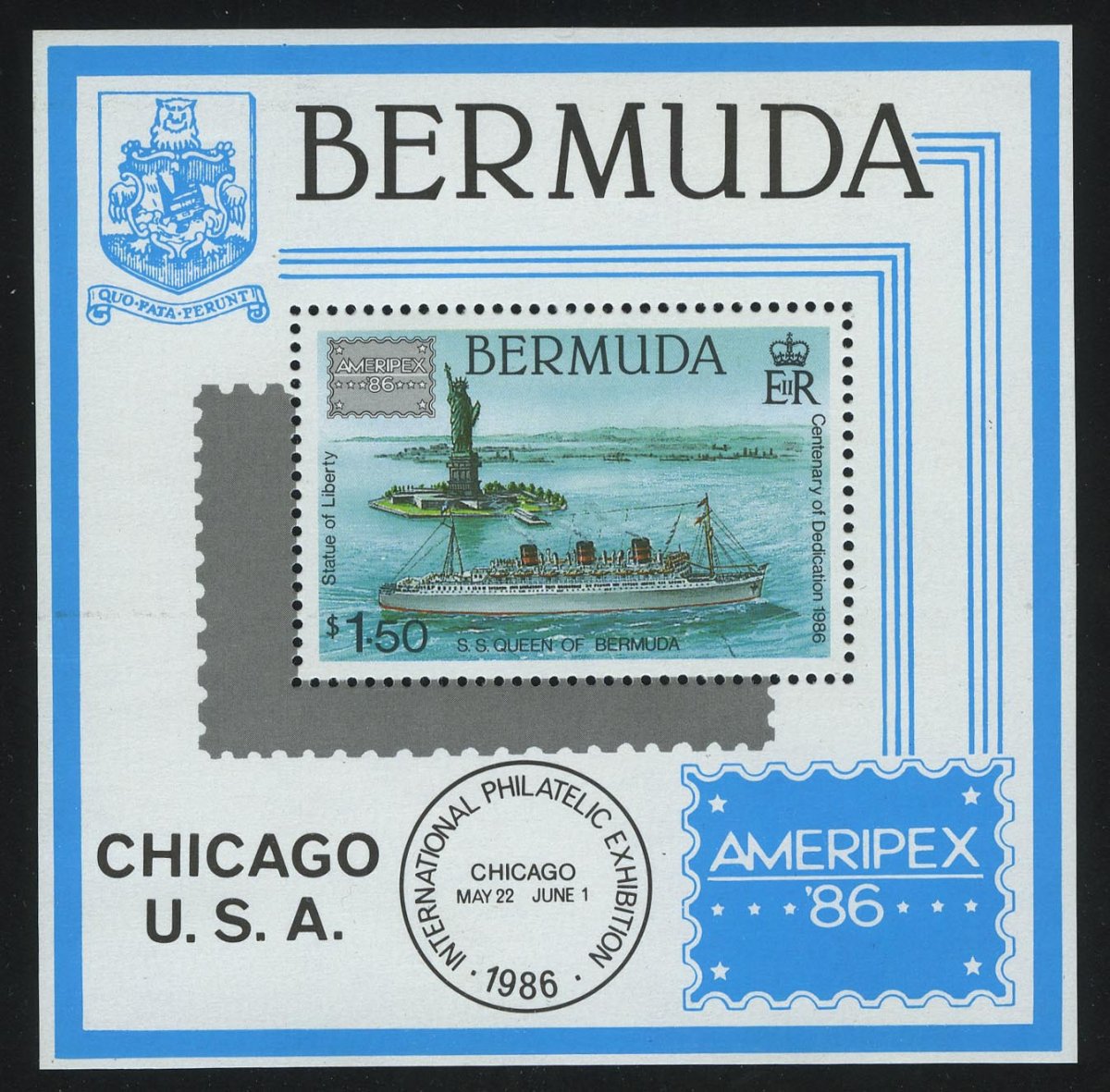 1986. Бермудские Острова. Блок "Международная выставка почтовых марок "Ameripex '86" - Чикаго, США"