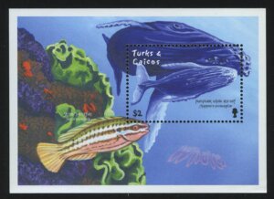 2001. Теркс и Кайкос. Блок "Киты и дельфины. Горбатый кит (Megaptera novaeangliae)"