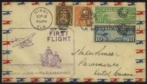 1929. США. Конверт. FIRST FLIGHT AIR MAIL. SAN JUAN — PARAMARIBO