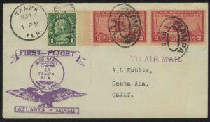 1929. США. Конверт. FIRST FLIGHT. AIR MAIL/ TANPA, FLA. ATLANTA • MIAMI