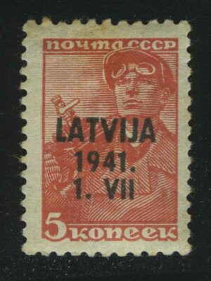 1941. Латвия. Оккупация. Надпечатка "LATVIJA 1941" на марке СССР "Шахтёр"