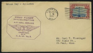1928. США. Конверт. "FIRST FLIGHT • Green Bay – Appleton"