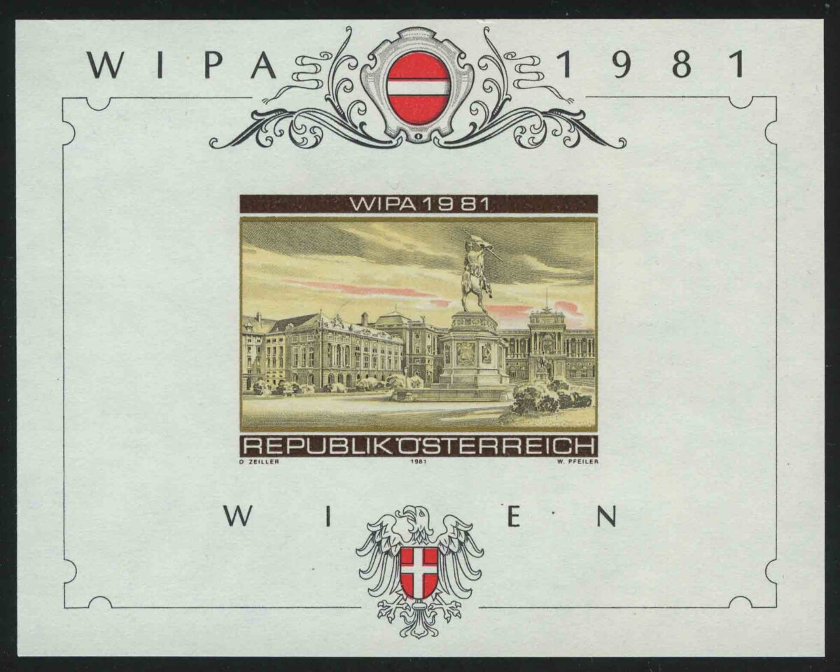 1981. Австрия. Блок "Выставка почтовых марок WIPA 1981, Вена, Хелденплац с памятником эрцгерцогу Карлу"