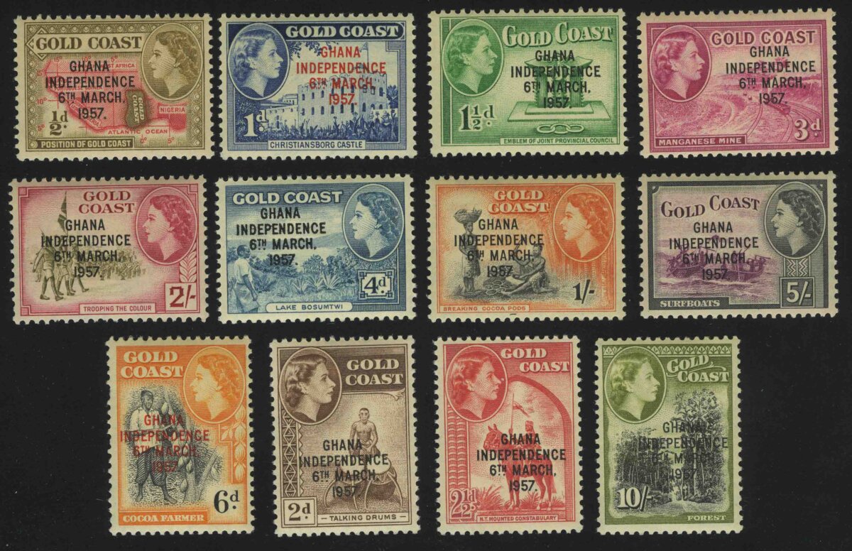 Queen Elizabeth Stamps of 1952 of Gold Coast Overprinted "GHANA INDEPENDENCE 6TH.. MARCH, 1957"
