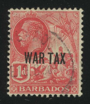1917. Барбадос. Король Георг V. Надпечатка "War Tax", 1P