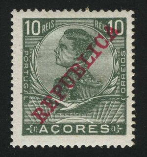 1910. Азорские острова. Король Мануэль II, 10Reis. Надпечатка "AÇORES"