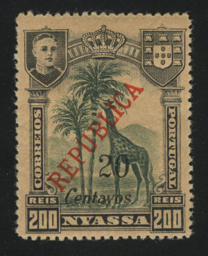 1921. Ньяса. "Жираф", с доплатой и надпечаткой "REPUBLICA", 20/200C/R