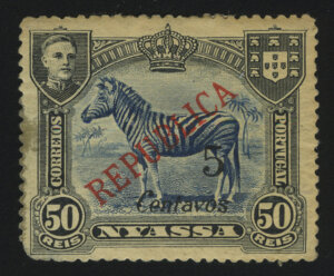 1921. Ньяса. "Зебра. с доплатой и надпечаткой "REPUBLICA", 5/50C/R