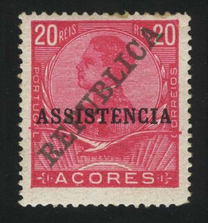 1910. Азорские острова. Король Мануэль II, 10Reis. Надпечатка "REPUBLICA" и "ASSISTENCIA"