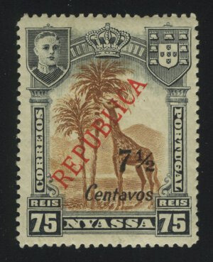 1921. Ньяса. "Жираф", с доплатой и надпечаткой "REPUBLICA", 7½/75C/R