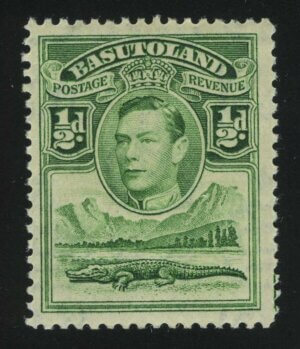 1938. Басутоленд. "Нильский крокодил (Crocodylus niloticus), сцена на реке. Король Георг VI" ½P